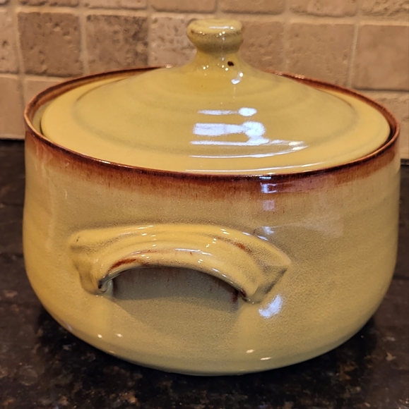 Vintage Seagrove North Carolina Yellow with Brown Pottery Casserole Dish w/ Lid - Picture 4 of 16